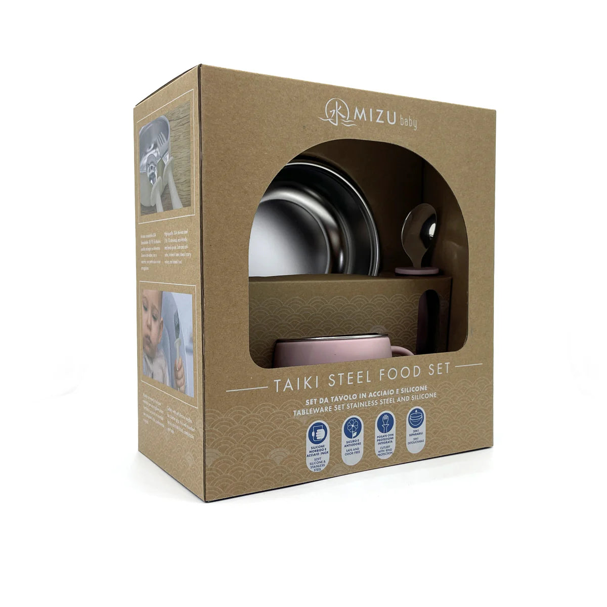 TAIKI STEEL- Food Set: Ciotola+ Bicchiere+ Cucchiaio+ Forchetta Acciaio/Silicone