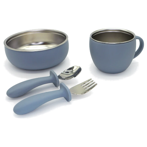 TAIKI STEEL- Food Set: Ciotola+ Bicchiere+ Cucchiaio+ Forchetta Acciaio/Silicone