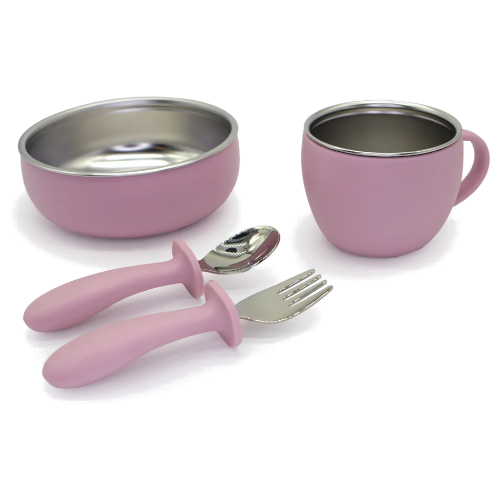 TAIKI STEEL- Food Set: Ciotola+ Bicchiere+ Cucchiaio+ Forchetta Acciaio/Silicone