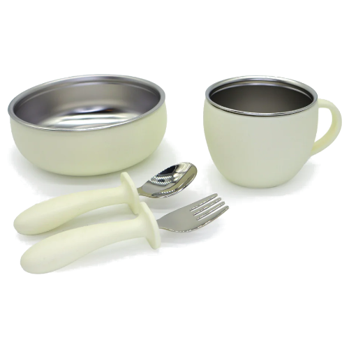 TAIKI STEEL- Food Set: Ciotola+ Bicchiere+ Cucchiaio+ Forchetta Acciaio/Silicone