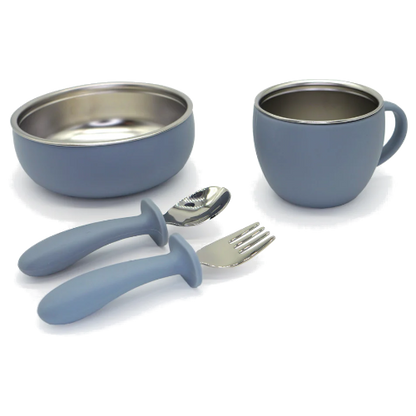 TAIKI STEEL- Food Set: Ciotola+ Bicchiere+ Cucchiaio+ Forchetta Acciaio/Silicone